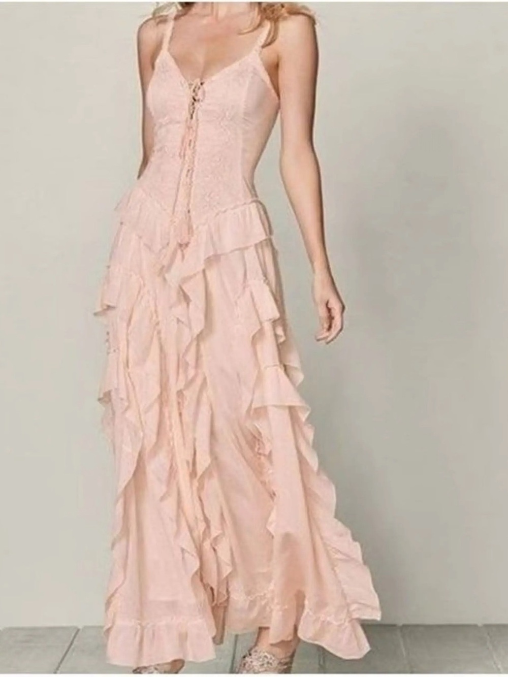VENUS Pink Ruffled lace flowy tiered whimsical corset top Maxi Dress 100%cotton